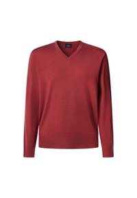 Męski sweter z długim rękawem w kolorze ceglastym, z dekoltem w serek, z prążkowanymi mankietami i dołem, wyeksponowany na białym tle.