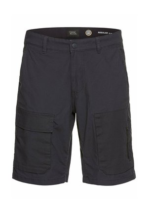 Dark blue cargo shorts with multiple pockets, a zippered side pocket, and a button waistband, made from a durable fabric. Regular fit.