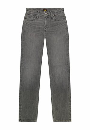 Jeans grigi a gamba dritta con cinque tasche, chiusura con bottone e zip, e una piccola etichetta gialla del marchio Lee sulla cintura.