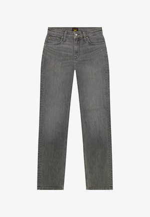 Szare jeansy o prostych nogawkach z pięcioma kieszeniami, zapinane na guzik i suwak, z małą żółtą metką marki Lee na pasku od spodni.