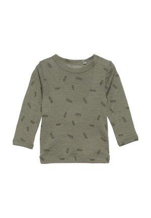 Langarmshirt aus olivgrünem Baumwollstoff mit dezentem Tannenzapfenmuster, runder Ausschnitt, Schulterdruckknöpfen und einer weichen Textur.