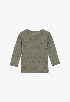 Langsleeve shirt in olijfgroene katoen met subtiel dennenappelpuntpatroon, ronde halslijn, schouderknopen en een zachte textuurafwerking.