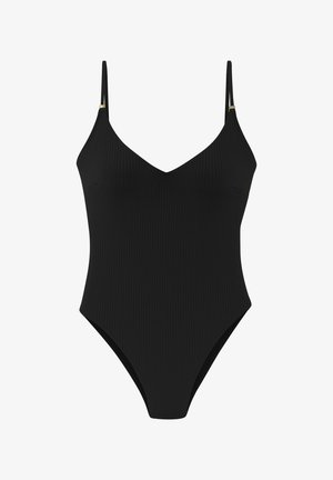 Costume da bagno intero nero a coste con scollatura a V profonda, spalline sottili, aperture per le gambe all'americana e accenti minimalisti in oro.