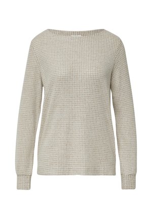Beige und weißer langärmeliger Pullover mit einem kleinen karierten Muster und rundem Halsausschnitt.