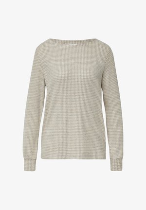 Bež i bijeli dugi rukav pulover s malim kariranim uzorkom i ovalnim izrezom.