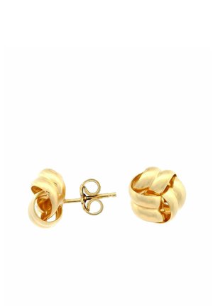 Paire de boucles d'oreilles puces en or en forme de nœud torsadé avec tige et fermoir papillon sur fond blanc.