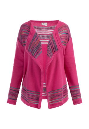Cardigan rosa a maglia con apertura frontale, caratterizzato da dettagli a strisce di vari colori sulle maniche e attorno al colletto, con polsini testurizzati.