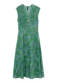 Grünes Kleid mit Wickeldesign, das ein paisley-muster in Blau aufweist. Kurze Capärmel und eine taillierte Taille, aus leichtem Stoff hergestellt.