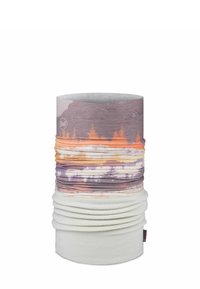 Gaiter para el cuello multi funcional hecho de un tejido suave y elástico en púrpura, naranja y blanco, con silueta de árbol y textura en capas.