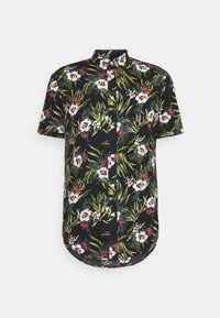 Mustahiha lyhythihainen paita, jossa valkoisten orkideoiden ja vihreiden lehtien kukkakuvio, pyöristetty helma ja napillinen sulkus.