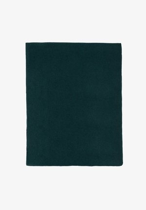 Couverture rectangulaire vert foncé avec une texture douce, présentant un motif de tricot régulier et des bords nets. Conception légère et polyvalente.