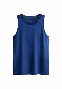 Niebieski tank top z okrągłym dekoltem, bez rękawów, o gładkiej fakturze. Posiada subtelne zdobienia na ramionach.