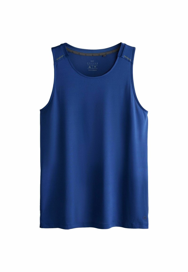 Niebieski tank top z okrągłym dekoltem, bez rękawów, o gładkiej fakturze. Posiada subtelne zdobienia na ramionach.