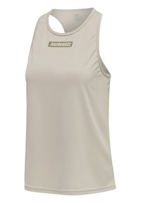 Beige mouwloos sporttopje met racerback ontwerp en “HUMMEL” logo op de voorste borst.