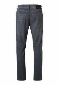 Donkergrijze jeans met een rechte pijp, voorzien van twee achterzakken en een label op de tailleband. Gemaakt van denim met een gladde textuur.