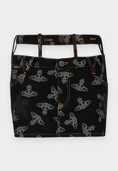 Black denim skirt with white graphic print of spaceships and crosses. Features orange stitching and a button fastening, with unique cutout straps.