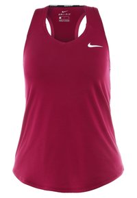 Canotta rossa Nike Dri-FIT con scollatura a V, spalline larghe, texture liscia e un piccolo logo bianco sul lato sinistro del petto.