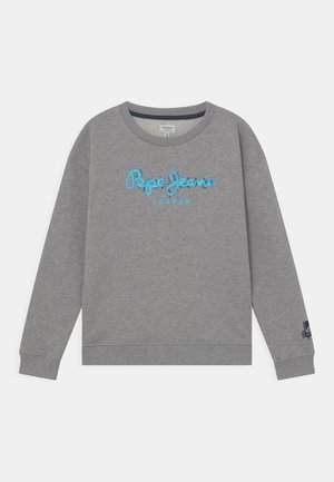 Szara bluza z długim rękawem i okrągłym dekoltem, z napisem "Pepe Jeans London" z niebieskich cekinów na przodzie oraz małym logo na mankiecie lewego rękawa.