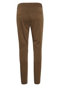 Brown tailored trousers with a smooth texture, slim fit, and two back pockets, featuring a standard waistband and no visible patterns.