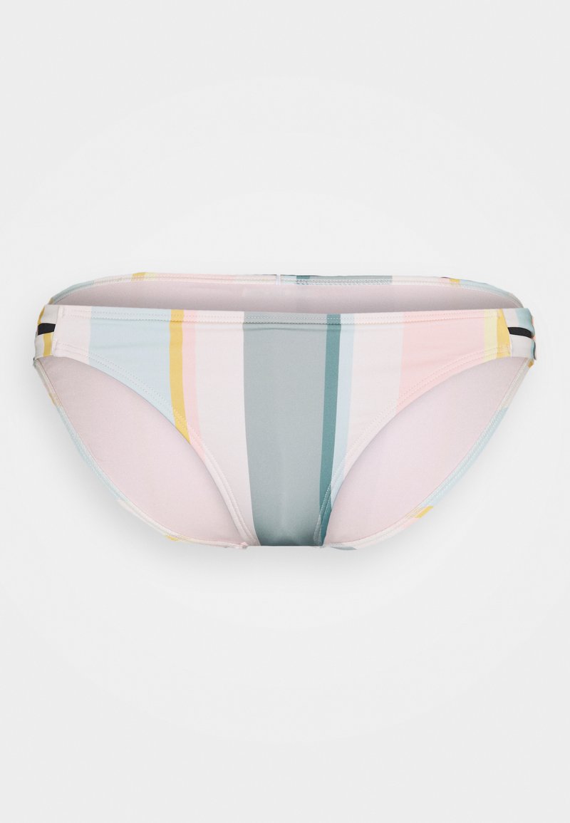 Swimsuit bottom featuring pastel horizontal stripes in pink, blue, yellow, and green; made from stretchy material with a smooth texture.