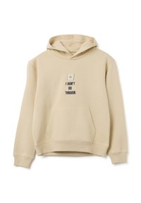 Haut à capuche beige en tissu doux, doté d'une poche avant et d'une citation brodée. Design à capuche avec des poignets et un ourlet côtelés.