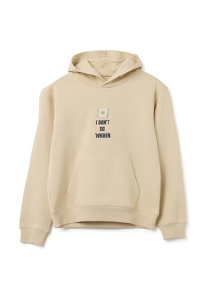 Beige hoodie gemaakt van zachte stof, met een voorzak en een geborduurde quote. Hooded ontwerp met ribgebreide manchetten en zoom.
