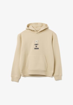Beige hoodie gemaakt van zachte stof, met een voorzak en een geborduurde quote. Hooded ontwerp met ribgebreide manchetten en zoom.