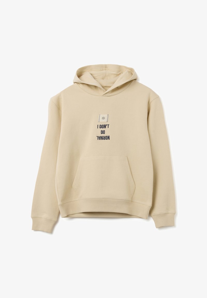 Beige hoodie made from soft fabric, featuring a front pocket and an embroidered quote. Hooded design with ribbed cuffs and hem.