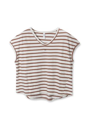 T-shirt a maniche corte a righe marroni e bianche, realizzato in cotone morbido, con scollo rotondo e orlo leggermente curvo.