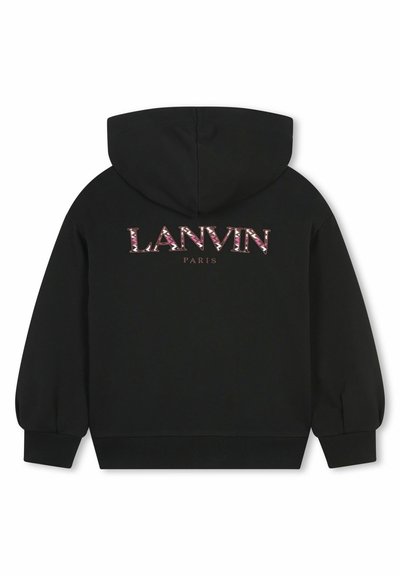 Sweat à capuche noir avec le texte "LANVIN PARIS" en lettres décoratives roses au dos, avec un ourlet et des poignets côtelés.