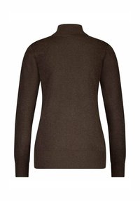 Bruine lange mouw trui met een hoge kraag, gemaakt van een gestructureerd materiaal, met een geribde zoom en manchetten. Geen zichtbare patronen of accenten.