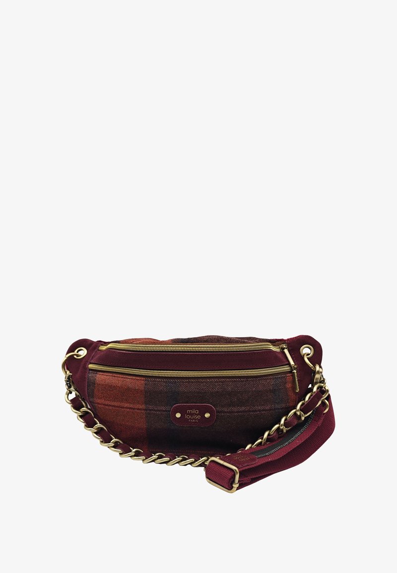 Sac en tissu à carreaux multicolores avec quincaillerie dorée, deux poches zippées et une bandoulière en chaîne bordeaux. Présente une plaque logo sur le devant.