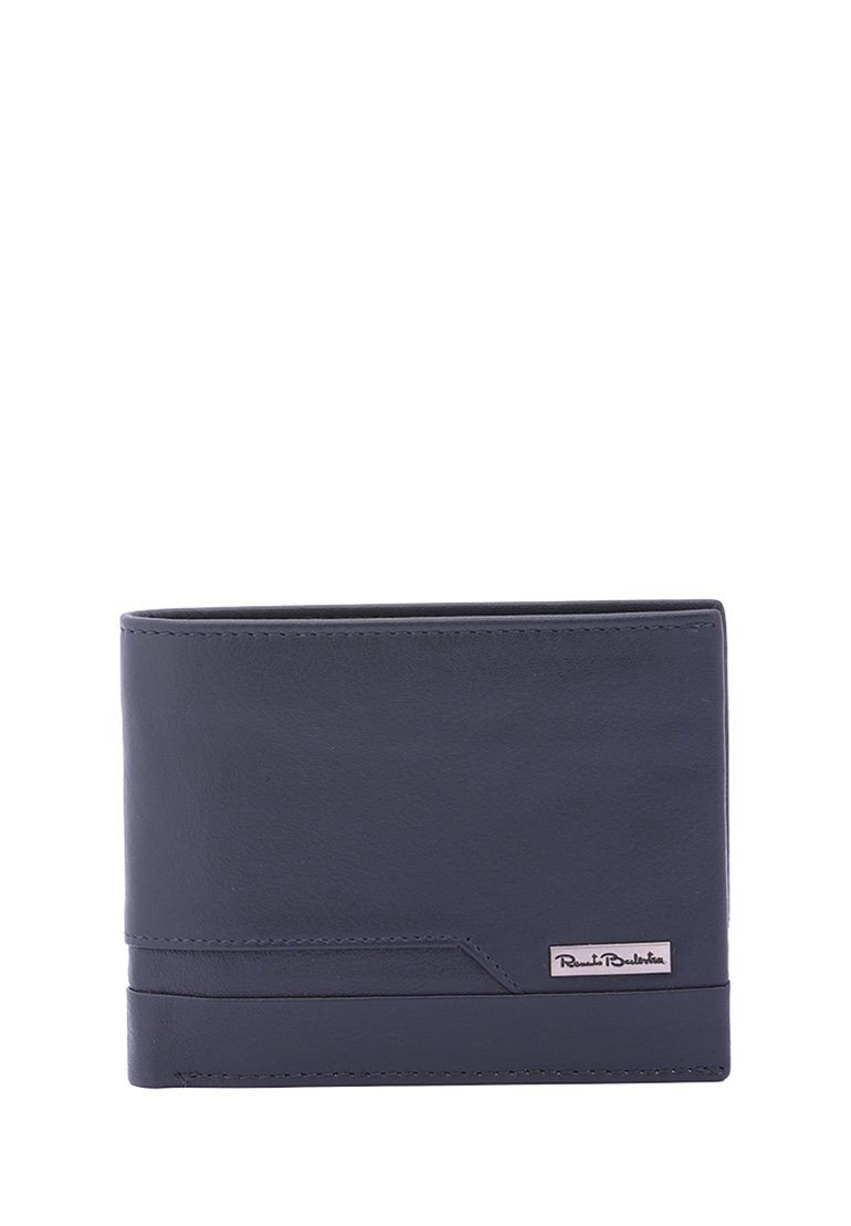 Marine leren portemonnee met een bi-fold ontwerp, voorzien van gestikte accenten en een klein merkembleem in de rechteronderhoek.