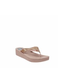 Infradito rosa chiaro con suola a cuneo texturizzata. Le cinghie presentano un accento dorato scintillante. Materiale resistente con design a piattaforma.