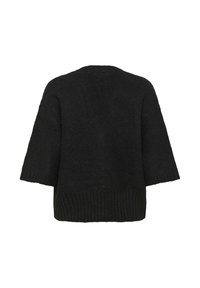 Black knitted sweater with short sleeves, featuring a relaxed fit and ribbed hem. Simple textured finish, no patterns or accents.