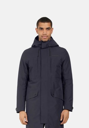 Marineblauwe waterdichte parka met een capuchon, verstelbare trekkoorden, voorkeurszakken en drukknoopmanchetten. Glad textuur, minimalistisch ontwerp.