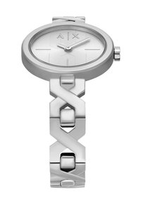 Reloj de tono plateado con una esfera redonda texturizada, marcada con AIX, y una pulsera de eslabones en cadena con formas entrelazadas y acentos pulidos.