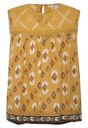 Ærmeløs sennepsgul top med blonder ved skulderpartiet, geometriske og blomsteragtige mønstre samt broderet kant forneden.