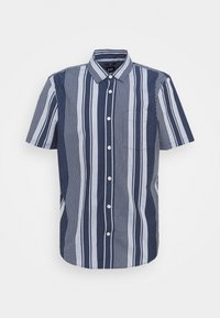 Camicetta a maniche corte con bottoni, caratterizzata da strisce verticali blu navy e azzurro chiaro, colletto, taschino sul petto e orlo arcuato. Realizzata in tessuto leggero.