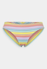 Il perizoma multicolore presenta strisce orizzontali in tonalità pastello. Realizzato in tessuto morbido con un design a vita bassa e bordi curvi.