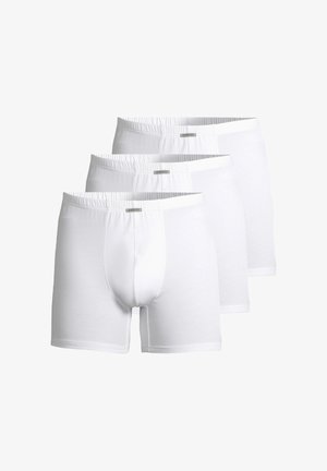 Weiße Baumwoll-Boxershorts mit elastischem Bund und einem Vorderansatz-Design. Verkauft im Drei-Pack. Weicher, glatter Stoff.
