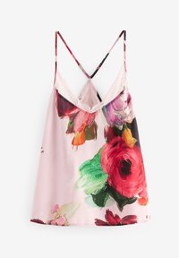 Silke top i blød lyserød med blomsterprint i røde og grønne nuancer, justerbare stropper og blonde detaljer ved halsudskæringen.