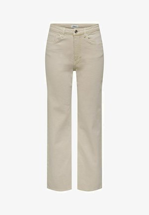 Beige sirgedega teksad, mis on valmistatud puuvillast, varustatud nuppe sulgemisega, vööloopidega ja ees olevate taskutega. Sile tekstuur puhaste joontega.