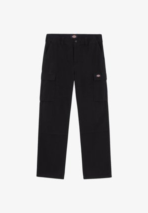 Schwarze Cargo-Hosen mit geradem Schnitt, ausgestattet mit zwei Seitentaschen und einem Markenpatch. Hergestellt aus strapazierfähigem Stoff mit glatter Textur.