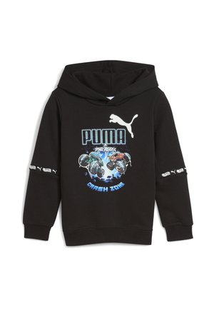 Haut à capuche noir avec logo Puma bleu et blanc, texte "Power Smashers", deux camions monstres en collision, et graphique "Crash Zone" sur le devant.