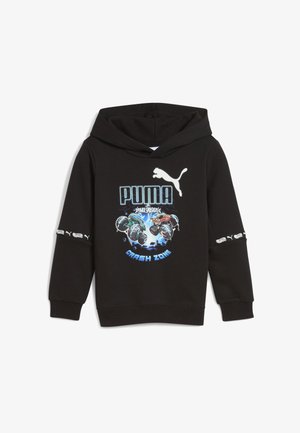 Juodas džemperis su mėlynu ir baltu Puma logotipu, tekstu "Power Smashers", dviem monstrų sunkvežimiais, kurie susiduria, ir "Crash Zone" grafika priekyje.