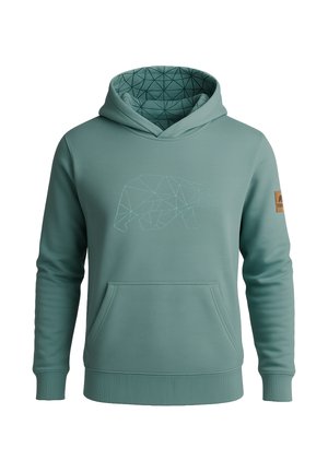 Kapuzenpullover aus weichem, hellblauem Stoff. Mit einem geometrischen Bärendesign auf der Vorderseite und einem gemusterten Innenfutter. Kängurutasche.