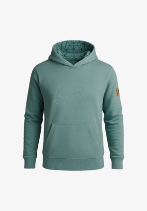 Kapuzenpullover aus weichem, hellblauem Stoff. Mit einem geometrischen Bärendesign auf der Vorderseite und einem gemusterten Innenfutter. Kängurutasche.