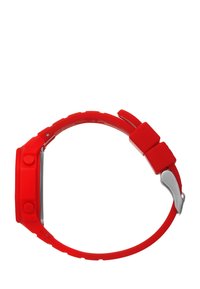 Red silicone wristwatch with a rectangular gray face, two push buttons, and a silver clasp. Smooth texture, flexible strap, and modern design.