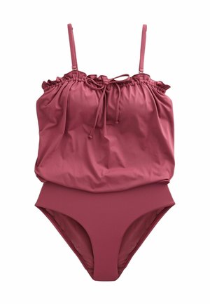 Costume da bagno tankini ruffled in un colore rosa polveroso, con sottili spalline, dettaglio con cordoncino e parte inferiore a vita alta con una texture liscia.